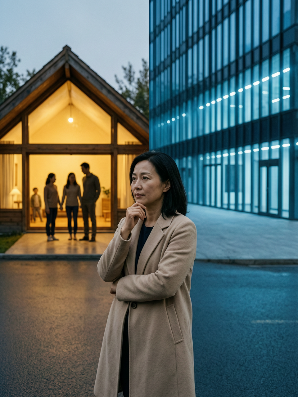 配图：一位女性站在家庭和职场之间的岔路口，左边是温馨的家庭灯火，右边是写字楼的光，她面带犹豫和迷茫