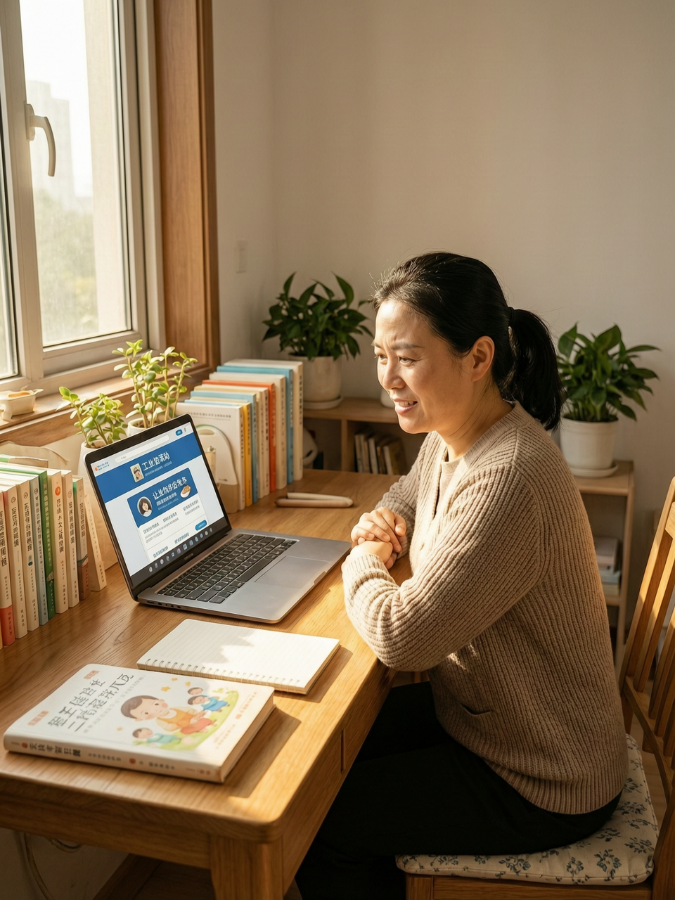 配图：一位女性在翻看招聘网站，旁边放着育儿书和笔记本电脑，窗外阳光照进来，她的表情从迷茫逐渐变得坚定