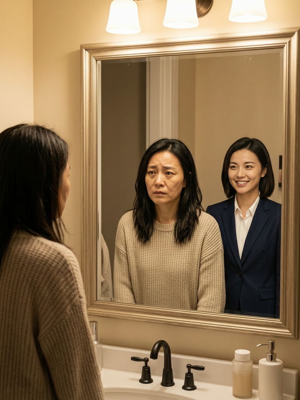 配图:一位女性对着化妆镜,镜中映出两个影子——一边是疲态的现在的她,一边是十年前意气风发的职场新人